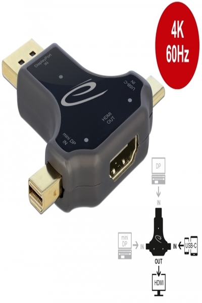 Delock Adapter - 24-stifts USB-C, Mini DisplayPort, DisplayPort-hane till HDMI-hona - 64060