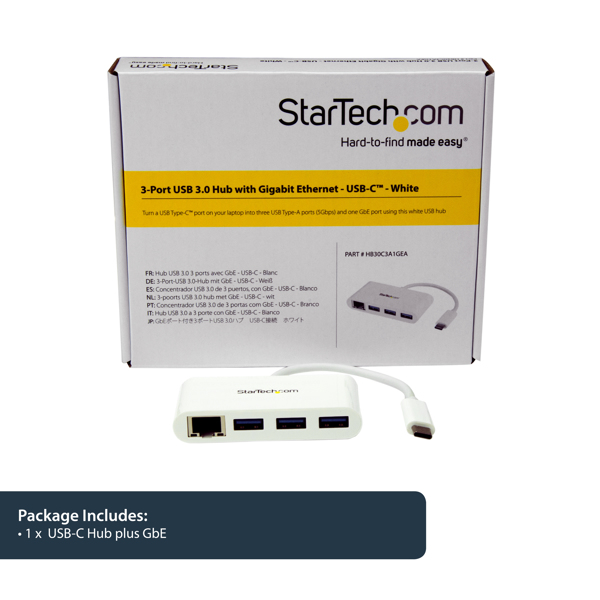 StarTech 3-Port USB-C Hub with Gigabit Ethernet - USB-C to 3x USB-A - USB 3.0 Hub - White - Wired - USB - Ethernet - 1000 Mbit/s - White - HB30C3A1GEA