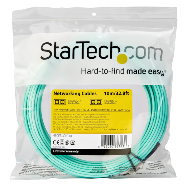 StarTech 10 m OM4 LC to LC Multimode Duplex Fiber Optic Patch Cable - Aqua - 50/125 - Fiber Optic Cable - 40/100Gb - LSZH (450FBLCLC10) - Patch cable - 10 m - Aquamarine - 450FBLCLC10