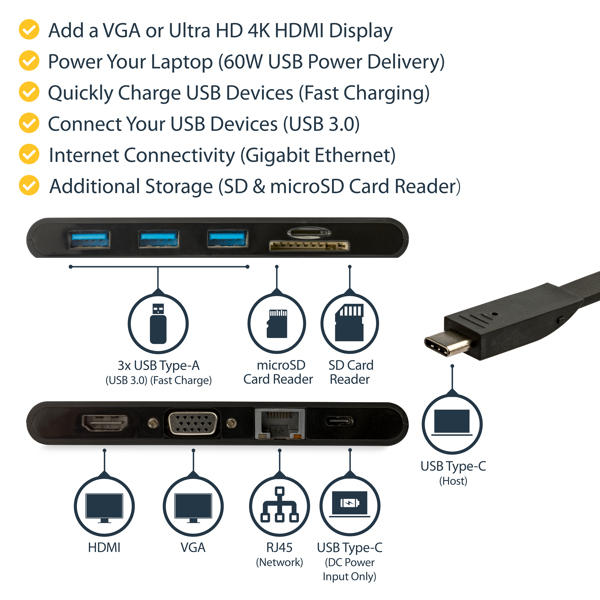 StarTech USB-C Multiport Adapter with HDMI and VGA - Mac and Windows - 3x USB 3.0 - SD/ micro SD - PD 3.0 - MacBook Pro USB C Adapter - External Video Adapter - USB-C - HDMI, VGA - Black - DKT30CHVSCPD