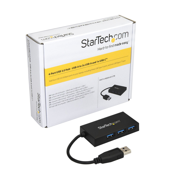 4 Port USB 3.0 Hub - USB Type-A to 1x USB-C & 3x USB-A SuperSpeed 5Gbps - USB Bus Powered - Portable/Laptop USB 3.1 Gen 1 Hub (HB30A3A1CFB) Hub 4 ports USB - HB30A3A1CFB