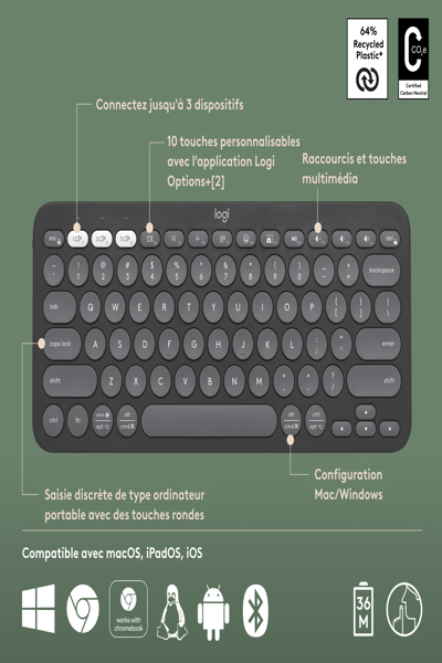 Logitech Pebble Keys 2 K380s - Mini - Wireless - RF Wireless + Bluetooth - Scissor key switch - AZERTY - Graphite - 920-011803