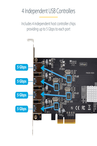 StarTech.com 4-portars USB-A PCIe-kort, USB 3.2 5 Gbps, 4x USB-kontroller - P5Q4A-USB-CARD