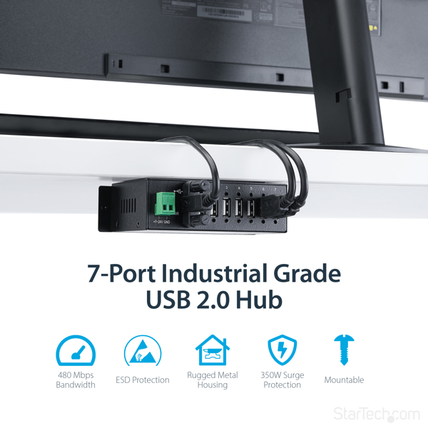 StarTech Industrial Mountable 7 Port USB2.0 Hub - Black - Hub - 7 x USB2.0 - DIN Rail Mountable for P/N: MSDREADU2OTG (ST7200USBM) - ST7200USBM