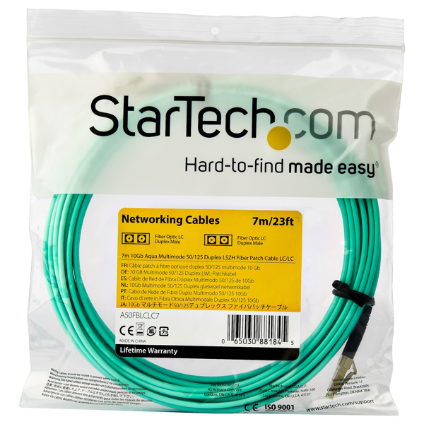StarTech 7m OM3 LC to LC Multimode Duplex Fiber Optic Patch Cable - Aqua - 50/125 - LSZH Fiber Optic Cable - 10Gb (A50FBLCLC7) - Patch cable - 7 m - Aquamarine - A50FBLCLC7
