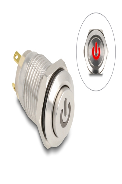 Delock Push button - for 12 mm installation, 4 x solder connection, red power symbol LED - 20981