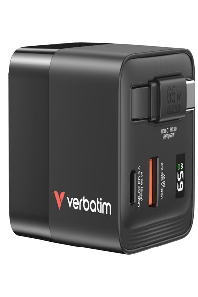 Chargeur Verbatim GaN 65 W avec câble rétractable, 2 ports USB-C, 1 port USB-A