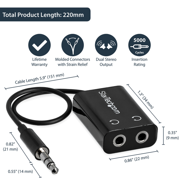 StarTech.com Black Slim Mini Jack Headphone Splitter Cable Adapter - 3.5mm Audio Mini Stereo Y Splitter - 3.5mm Male to 2x 3.5mm Female (MUY1MFFADP) - Kopfhörer-Splitter - 15.23 cm - MUY1MFFADP