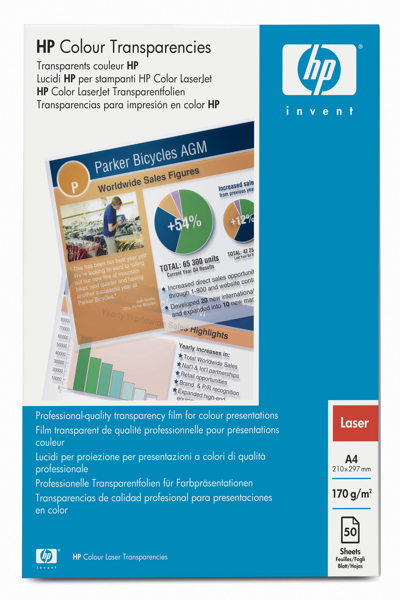 HP Color and Monochrome Laser Transparencies: 50 Sheets, A4 - C2936A