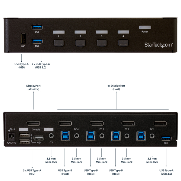 StarTech 4-Port DisplayPort KVM Switch - USB 3.0 - 4K 30Hz - 3840 x 2160 pixels - 4K Ultra HD - Rack mounting - 18 W - Black - SV431DPU3A2