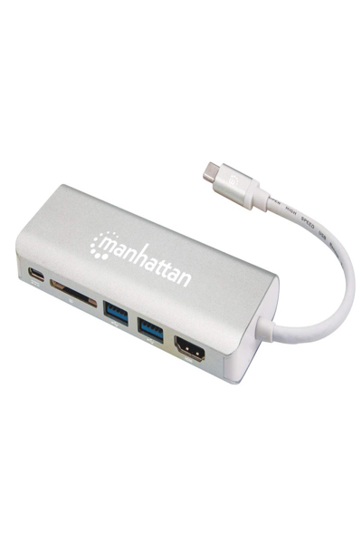 Manhattan USB-C Dock/Hub with Card Reader - Ports (x5): Ethernet - HDMI - USB-A (x2) and USB-C - With Power Delivery (60W) to USB-C Port (Note additional USB-C wall charger and USB-C cable needed) - Cable 13cm - Aluminium - Grey - Three Year Warranty - Retail Box -