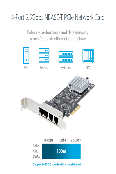 StarTech.com 4-portars 2,5 Gbps NBASE-T PCIe nätverkskort, Intel I225-V-chip, fyrportars nätverkskort för datorer, multi-gigabit nätverkskort, PCI Express-server-LAN-kort, stationärt Ethernet-gränssnittskort, PCI Express 2.0 (PR42GI-NETWORK-CARD) - PR42GI-NETWORK-CARD