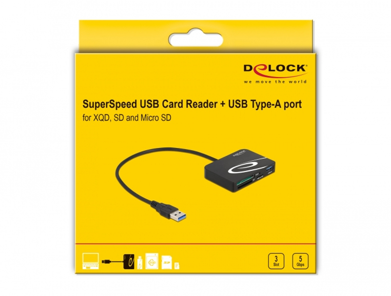 Delock-kortläsare för XQD / SD / Micro SD-minneskort + USB Type-A-port - 91756