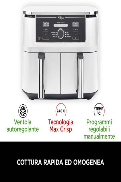SharkNinja Ninja AF400EU, Hot air fryer, 9.5 L, Double, White, Rotary, Touch, Stand-alone - AF400EUWH