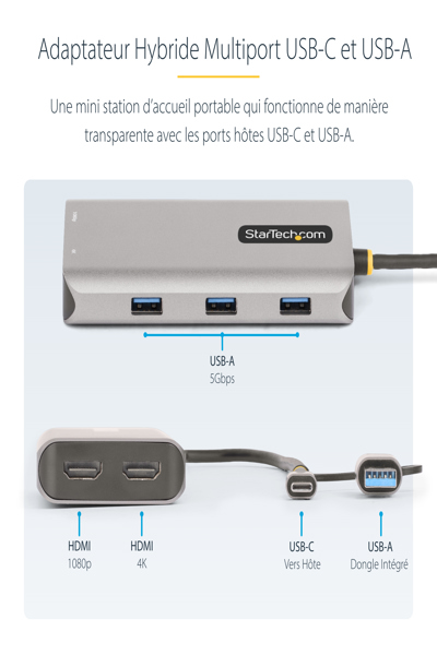 StarTech.com USB-C multiportadapter med ansluten USB-C till USB-A-dongel, dubbel HDMI (4K 30Hz/1080p 60Hz), 3x USB-A, minidockningsstation för laptop, resedockning, 40 cm kabel - 167B-USBC-MULTIPORT
