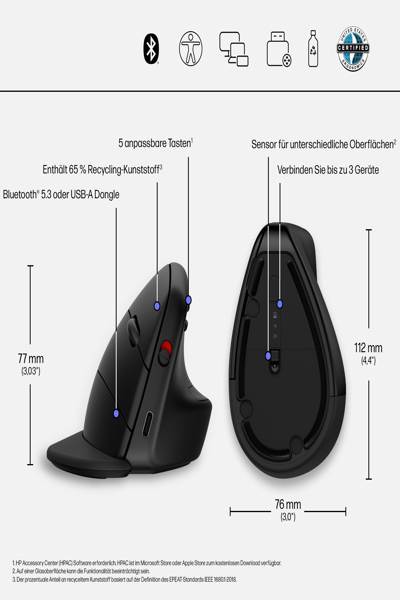 HP 920 Ergonomic Wireless Mouse: Right-hand, Vertical Design, 4000 DPI - 6H1A4AA