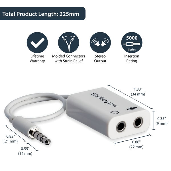 StarTech.com 4 Position Microphone and Headphone Splitter 3.5 mm 4 Pin / 4 Pole Mic and Audio Combo Splitter Cable (MUYHSMFFADW) - Headset-Splitter - 15.25 cm - MUYHSMFFADW
