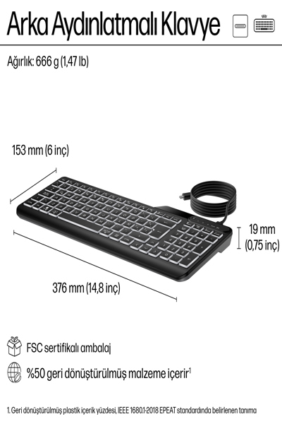 HP 405 Multi-Device Backlit Wired Keyboard: USB-C - 7N7C1AA