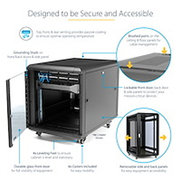 StarTech 15U 48.30cm (19") Server Rack Cabinet - 4 Post Adjustable Depth (6-32") Locking Knock Down Enclosure - Mobile w/Glass Door & Casters (RK1536BKF) - Cabinet - Network Cabinet - 4 Post - Floor Standing - Black - 15U - 48.3 cm (19") - RK1536BKF
