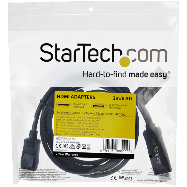 StarTech 2m (6ft) HDMI to DisplayPort Cable 4K 30Hz - Active HDMI 1.4 to DP 1.2 Adapter Cable with Audio - USB Powered Video Converter - Video cable - DisplayPort / HDMI - 2 m - HD2DPMM2M