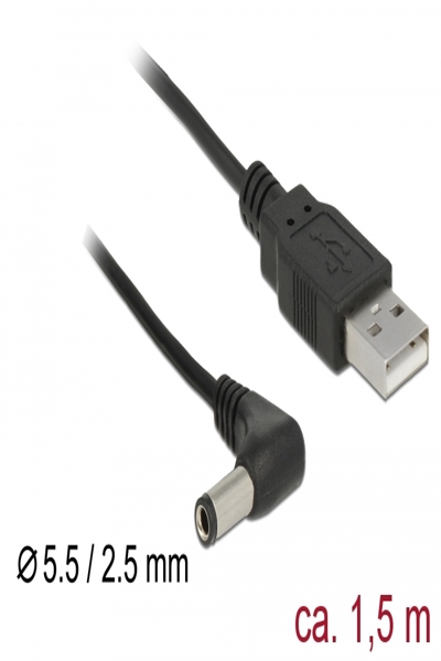 Delock Strömkabel - DC-jack 5,5 x 2,5 mm (hane) vinklad till USB (endast ström) (hane) - 85588