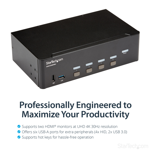 StarTech 4 Port HDMI KVM Switch - 4K 30Hz - Dual Display - KVM/Audio/USB switch - 4 x KVM/Audio/USB - rack mountable - SV431DHD4KU