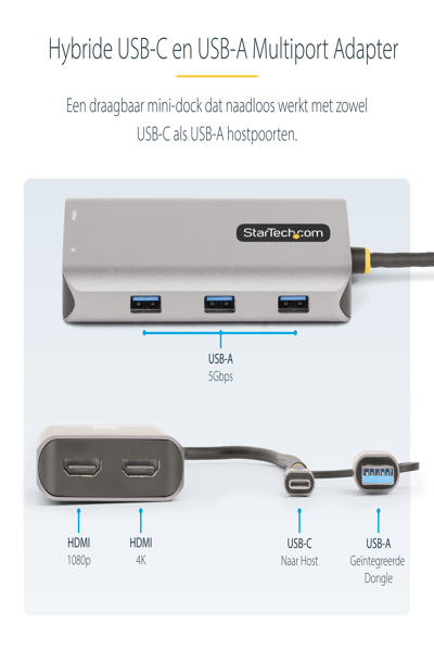 StarTech.com USB-C multiportadapter med ansluten USB-C till USB-A-dongel, dubbel HDMI (4K 30Hz/1080p 60Hz), 3x USB-A, minidockningsstation för laptop, resedockning, 40 cm kabel - 167B-USBC-MULTIPORT