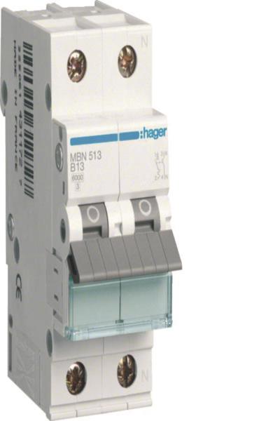 Hager MBN513 circuit breaker 1p+N 6kA B-13A 2M