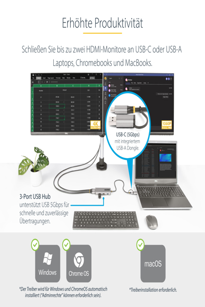 StarTech.com USB-C multiportadapter med ansluten USB-C till USB-A-dongel, dubbel HDMI (4K 30Hz/1080p 60Hz), 3x USB-A, minidockningsstation för laptop, resedockning, 40 cm kabel - 167B-USBC-MULTIPORT
