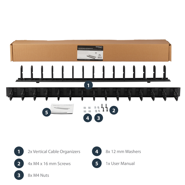StarTech Vertical Cable Organizer with D-Hooks - 0U - 6' - Rack Cable Manager - D-Ring Cable Management Kit - 6' - Black - 40U (Quantity per Pack: 2 ) - CMVER40UD