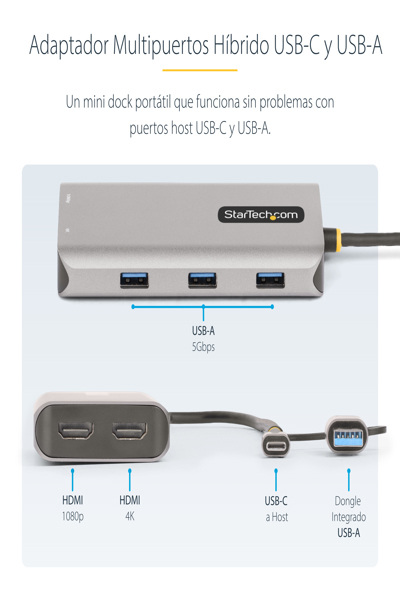 StarTech.com USB-C multiportadapter med ansluten USB-C till USB-A-dongel, dubbel HDMI (4K 30Hz/1080p 60Hz), 3x USB-A, minidockningsstation för laptop, resedockning, 40 cm kabel - 167B-USBC-MULTIPORT