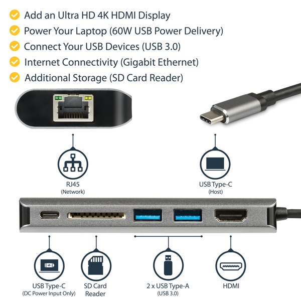 StarTech USB-C multiport adapter - 2x USB 3.0 / HDMI / SD / Gigabit Ethernet - with power supply (USB PD) - USB C dock - docking station - USB-C / Thunderbolt 3 - DKT30CSDHPD