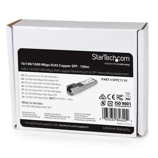 StarTech Cisco SFP-GE-T Compatible SFP Transceiver Module - 1000BASE-T - Copper - 1250 Mbit/s - SFP - SFP - 100 m - IEEE 802.3ab - SFPC1110