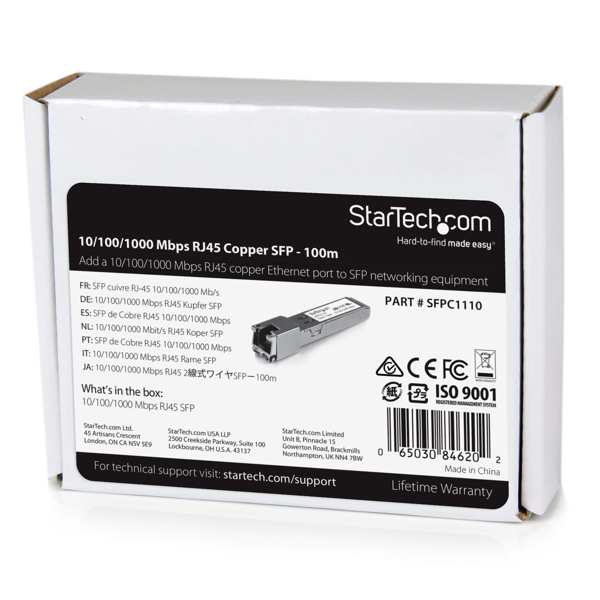 StarTech Cisco SFP-GE-T Compatible SFP Transceiver Module - 1000BASE-T - Copper - 1250 Mbit/s - SFP - SFP - 100 m - IEEE 802.3ab - SFPC1110