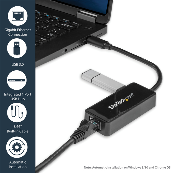 StarTech USB 3.0 to Gigabit Ethernet Adapter NIC w/ USB Port - Black - Wired - USB - Ethernet - 5000 Mbit/s - Black - USB31000SPTB