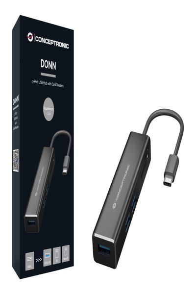 Conceptronic DONN 3-Port USB Hub with Card Readers - USB 3.2 Gen 1 (3.1 Gen 1) Type-C - Black - MicroSD (TransFlash) - SD - SDHC - SDXC - USB 3.2 Gen 1 (3.1 Gen 1) Type-A - Aluminium - China