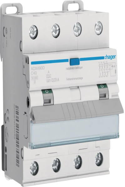 Interrupteur Hager Fi/LS ADX490D 4 pôles 10 kA C40A 0,03 AA - disjoncteur