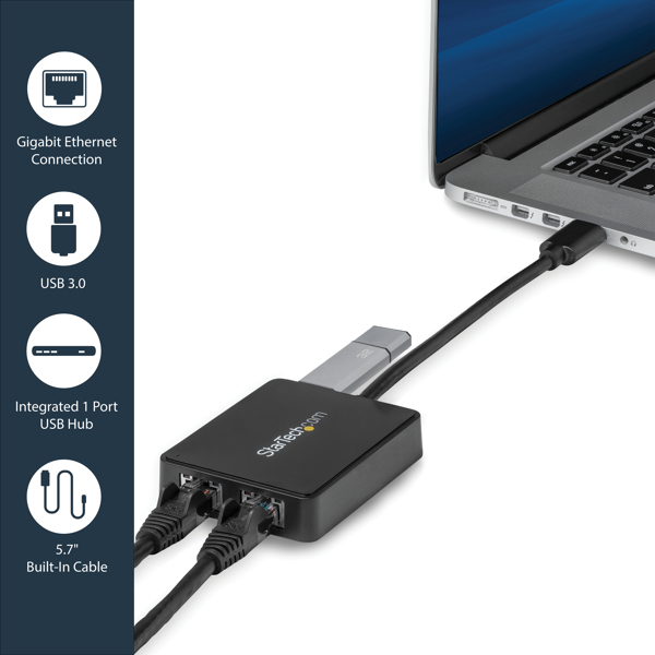 StarTech USB 3.0 SuperSpeed ​​to Dual Port Gigabit Ethernet LAN Adapter - 10/100/1000 NIC Network Adapter with USB Port - Black - Network Adapter - USB 3.0 - 2 Connections - USB32000SPT