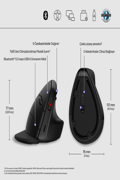 HP 920 Ergonomic Wireless Mouse: Right-hand, Vertical Design, 4000 DPI - 6H1A4AA