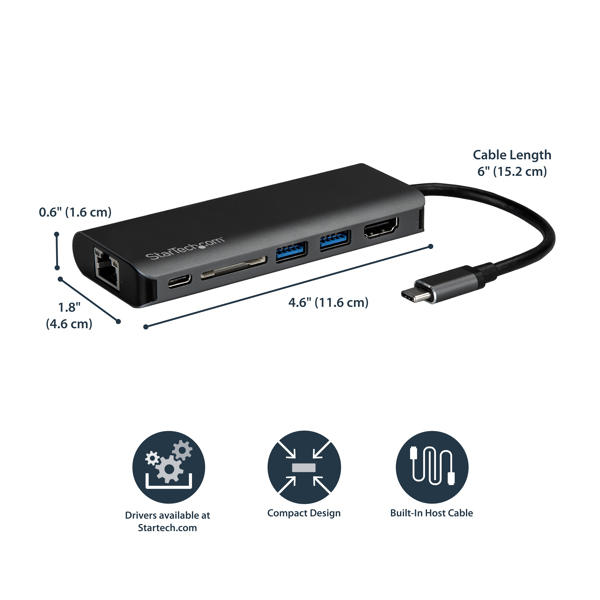 StarTech USB-C multiport adapter - 2x USB 3.0 / HDMI / SD / Gigabit Ethernet - with power supply (USB PD) - USB C dock - docking station - USB-C / Thunderbolt 3 - DKT30CSDHPD