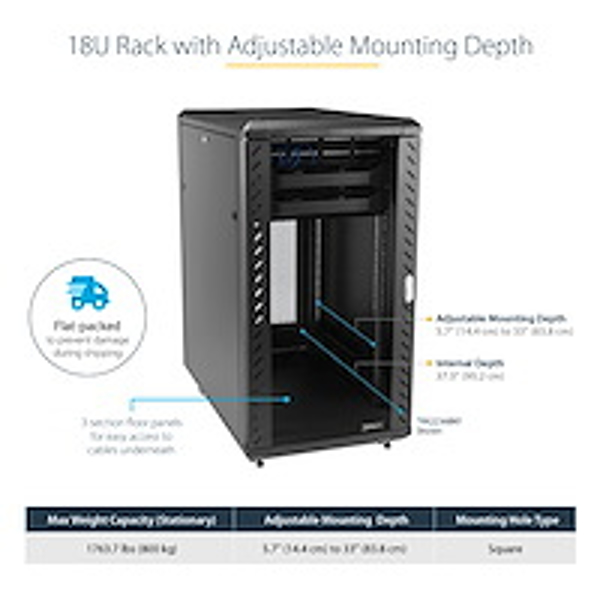 StarTech 18U Server Rack Cabinet - Includes Casters and Leveling Feet - Cabinet - Nätverksskåp - 4 Posts - floor-standing - black - 18U - 48.3 cm (19") - RK1836BKF
