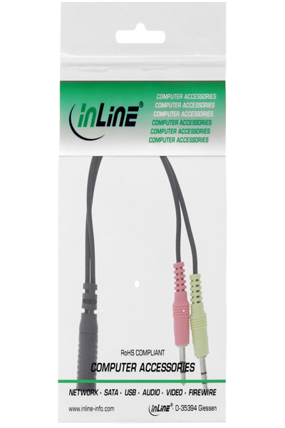 Câble adaptateur pour casque audio InLine - 2x 3,5 mm M vers 3,5 mm F 4 broches - OMTP - 0,15 m