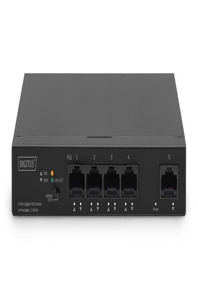 DIGITUS 4-portars Gigabit PoE-nätverksswitch, stationär, ohanterad, 1 uplink-port RJ45, 60 W, af/at - DN-95330-1