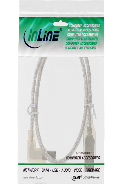 Câble USB 2.0 InLine coudé à gauche Type A mâle / B mâle transparent 3 m