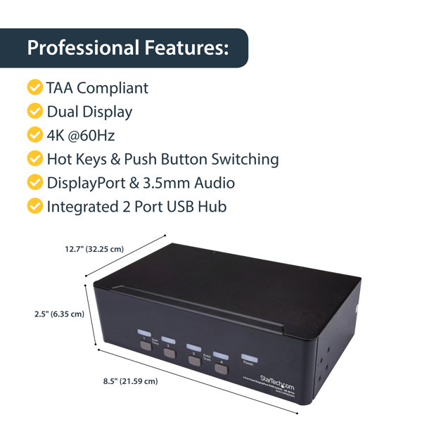 StarTech 4-Port Dual DisplayPort KVM Switch - 4K 60Hz - 3840 x 2160 pixels - 4K Ultra HD - Rack mounting - 18 W - 2U - Black - SV431DPDDUA2