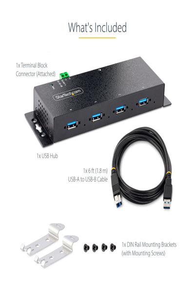 StarTech.com 4-Port Industrial USB 3.0 5Gbps Hub, Rugged USB Hub w/15kV Air/8kV Contact ESD and Surge Protection, DIN/Wall/Desk Mountable USB-A Hub, USB Expansion Hub with Locking Ports - 5G4AINDNP-USB-A-HUB