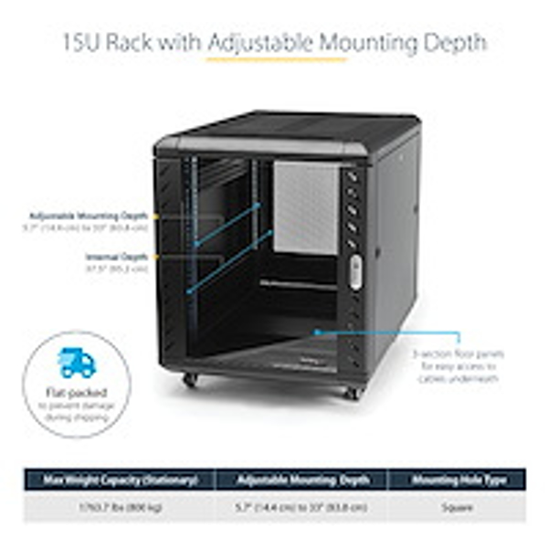 StarTech 15U 48.30cm (19") Server Rack Cabinet - 4 Post Adjustable Depth (6-32") Locking Knock Down Enclosure - Mobile w/Glass Door & Casters (RK1536BKF) - Cabinet - Network Cabinet - 4 Post - Floor Standing - Black - 15U - 48.3 cm (19") - RK1536BKF