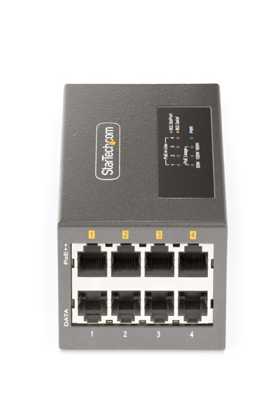 StarTech.com 4-portars Multi-Gigabit PoE++-injektor, 5/2.5G Ethernet (NBASE-T), PoE/PoE+/PoE++ (802.3af/802.3at/802.3bt), 160 watt strömförbrukning, vägg-/DIN-skenamonterbar - AS445C-POE-INJECTOR