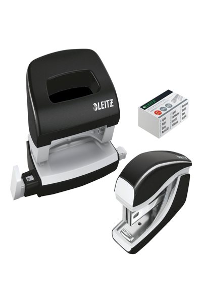 Esselte Leitz Heftgeraet- & Locher-Set Mini Nexxt WOW schwarz in Blisterverpackung - Punch