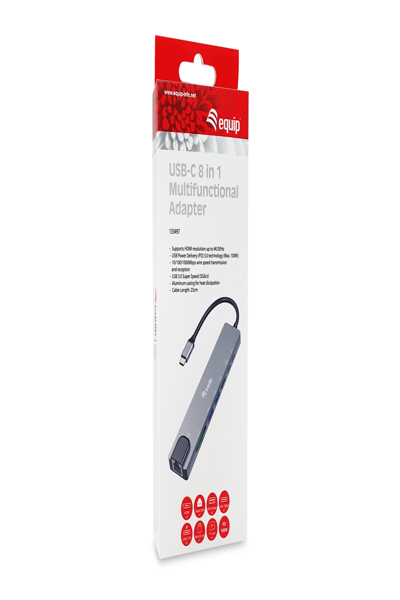Adaptateur USB-C Equip -> HDMI GbE 3xUSB3.2 Gen1 SD/TF PD 100 W - Adaptateur - Numérique